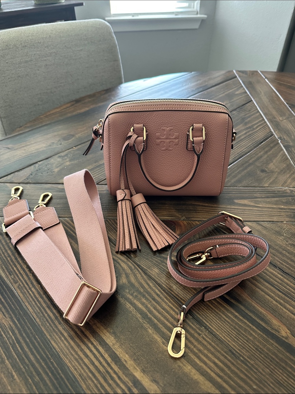 Tory Burch Dusty Pink Pebbled Leather Camera Crossbody with Tassels